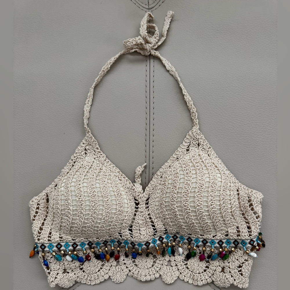 Handmade Summer Knit Halter Crop Top with Tasseled Beads